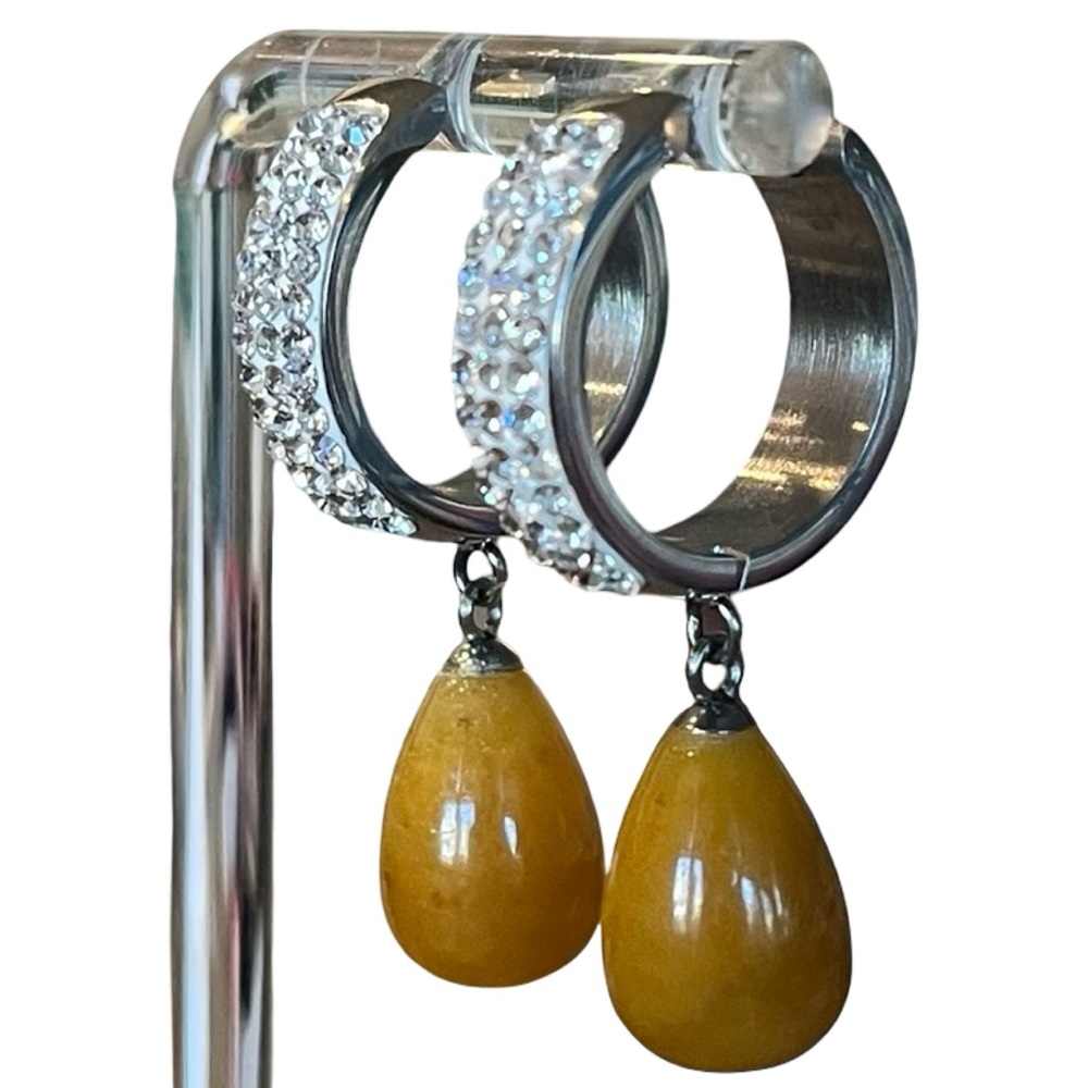 Silver Tone Surgical Steel Amber Drop Earrings